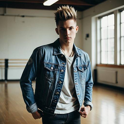 Young Man in Denim Jacket with Spiked Hair in Bright Studio
