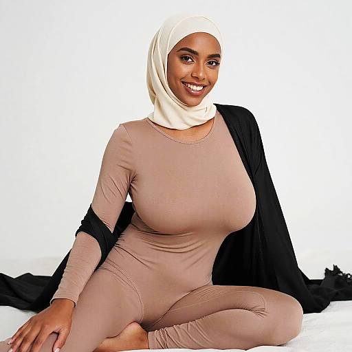 Confident Woman in Modern Modest Fashion with Hijab and Taupe Outfit