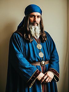 Realistic Leonardo da Vinci Cosplay Man in Blue Renaissance Costume