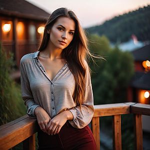 Young Woman on Balcony with Warm Sunset Lighting