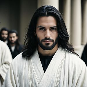 Man in Traditional White Robe with Serious Expression