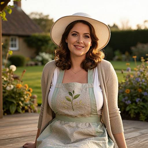 Woman in Garden Wearing Wide-Brimmed Hat and Apron