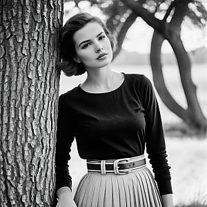 Elegant young woman in black and white portrait by a tree