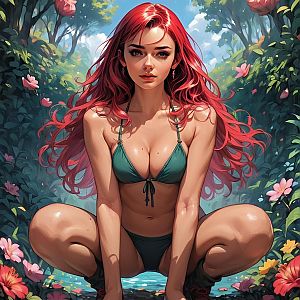 Woman with Red Hair in Teal Bikini in Colorful Garden