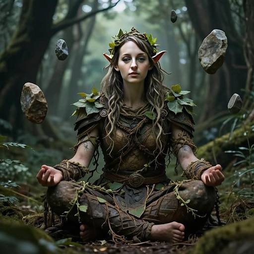 Elf Woman Meditating in Forest with Levitating Rocks Fantasy Cosplay