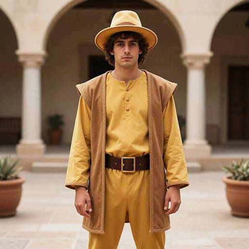 Man in Mordecai Purim Costume Standing in Courtyard