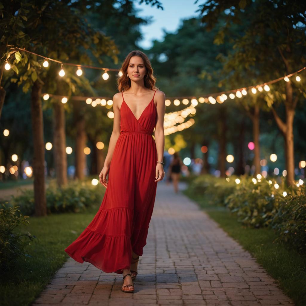 Elegant Woman in Red Dress Under Twinkling Lights