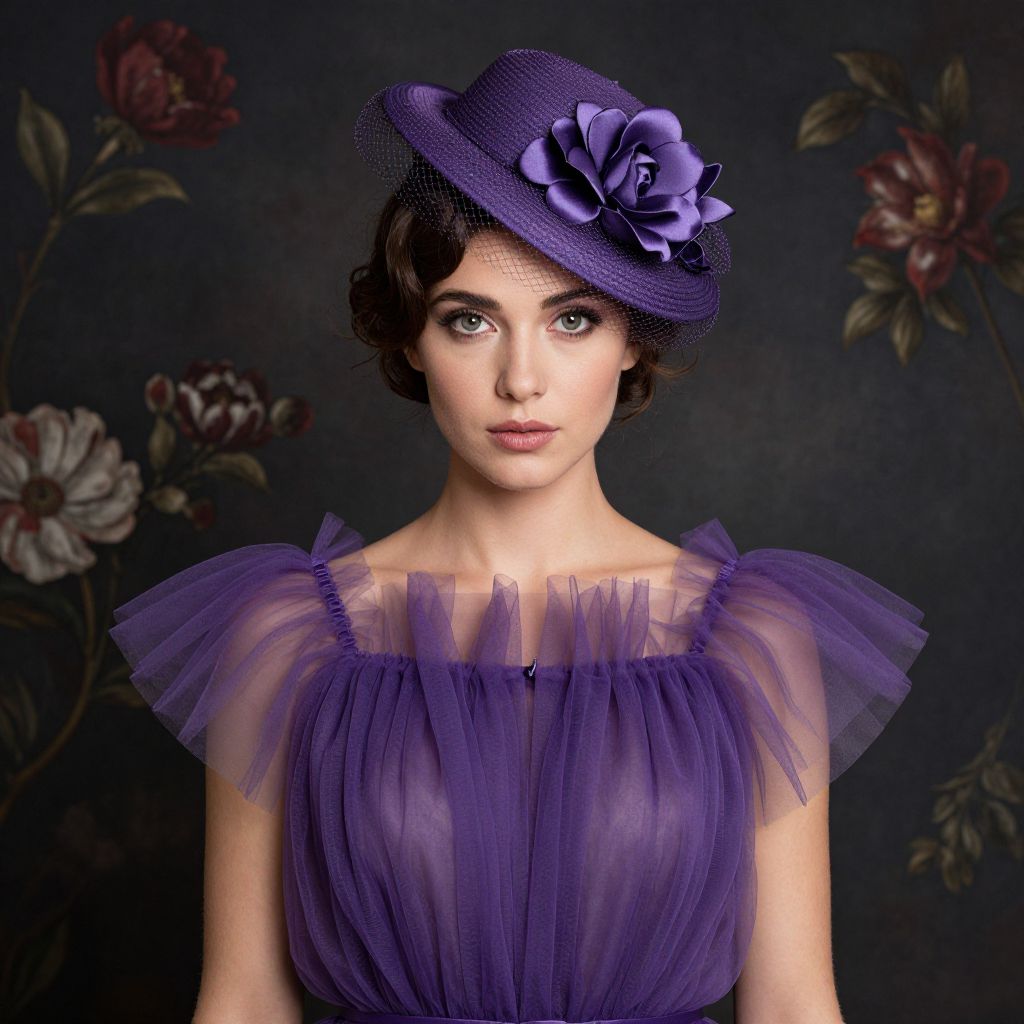 Elegant Vintage Style Woman in Purple Tulle Dress and Floral Hat