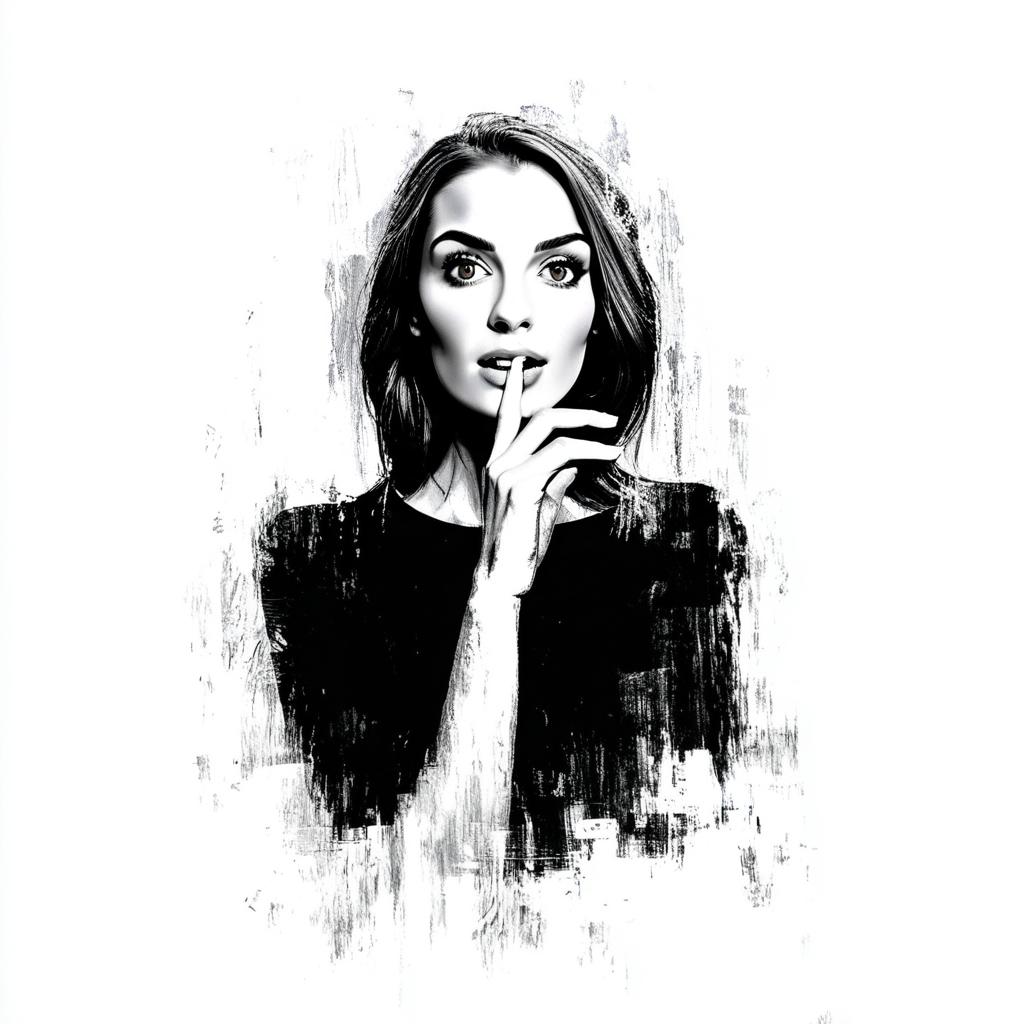 Abstract Black and White Digital Portrait of Woman with Finger on Lips