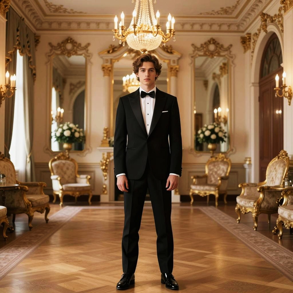 Young Man in Classic Tuxedo Standing in Luxurious Vintage Room