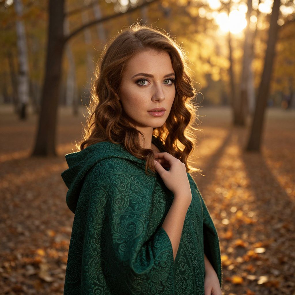 Portrait of Woman in Green Cloak in Autumn Forest