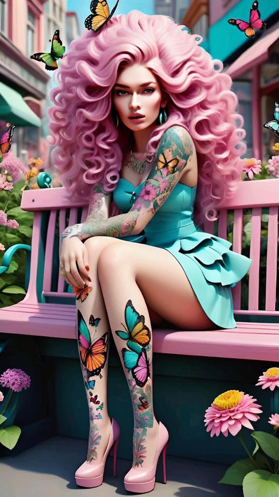 Woman with Pink Curls on Pastel Bench Woman with Pink Curls on Pastel Bench