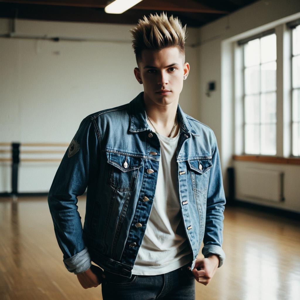 Young Man in Denim Jacket with Spiked Hair in Bright Studio