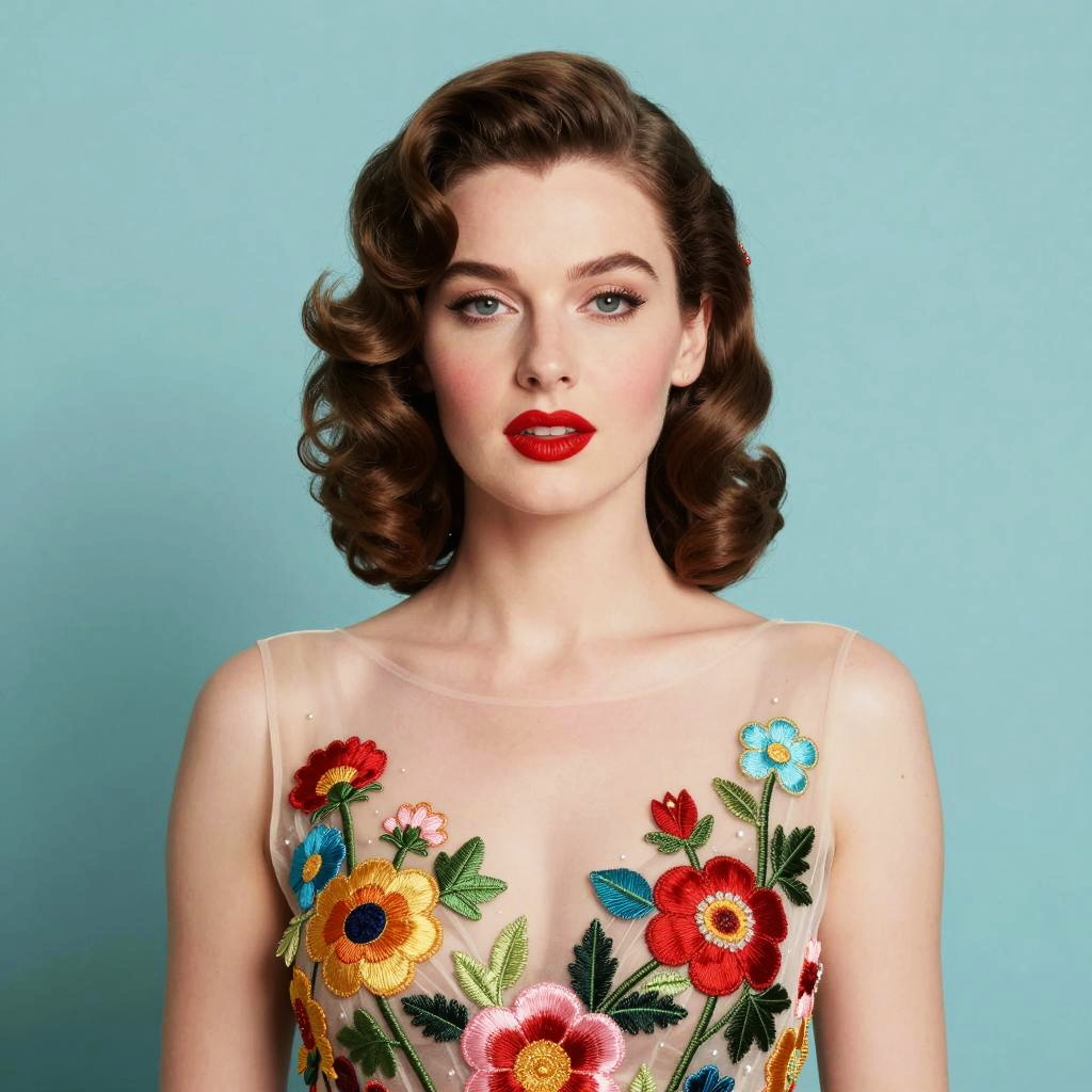 Vintage Glamour Woman in Embroidered Floral Dress with Retro Hairstyle