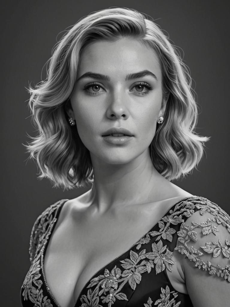 Elegant Black and White Portrait of a Woman in Floral Dress