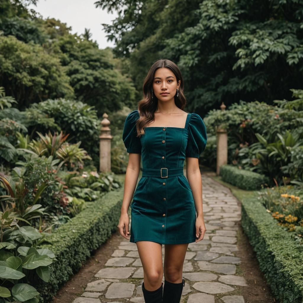 Elegant Woman in Chic Green Dress in Garden