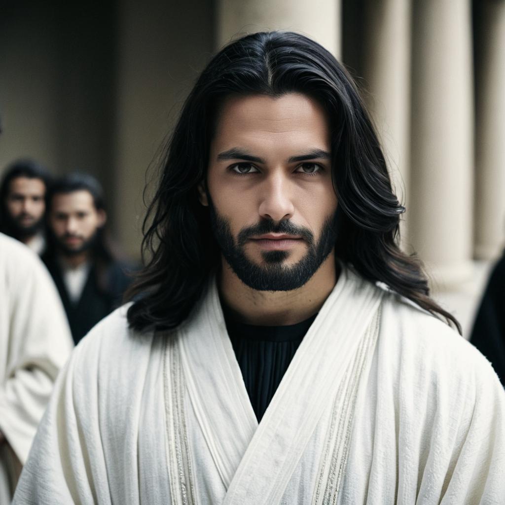Man in Traditional White Robe with Serious Expression Man in Traditional White Robe with Serious Expression