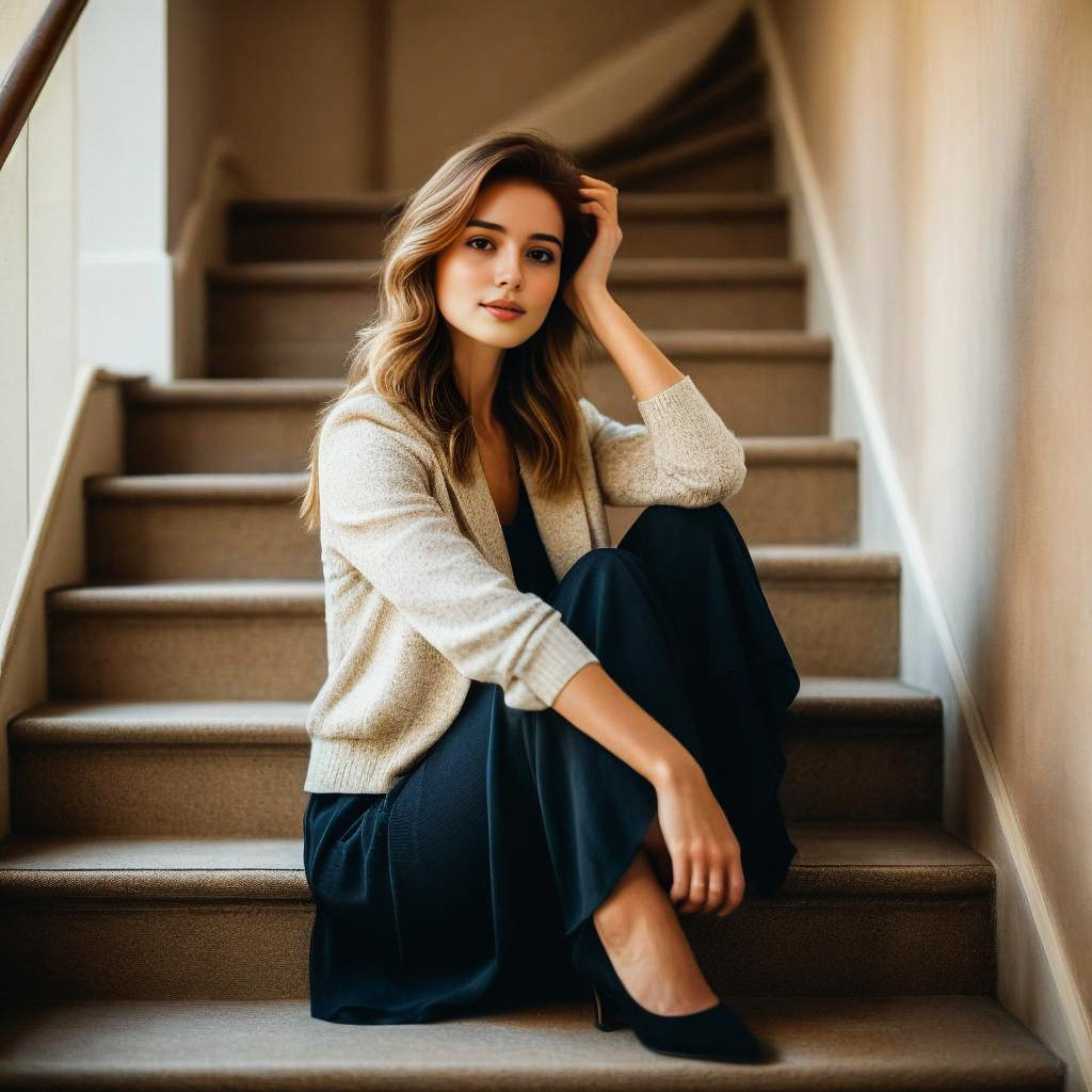 Thoughtful young woman on stairs in beige cardigan