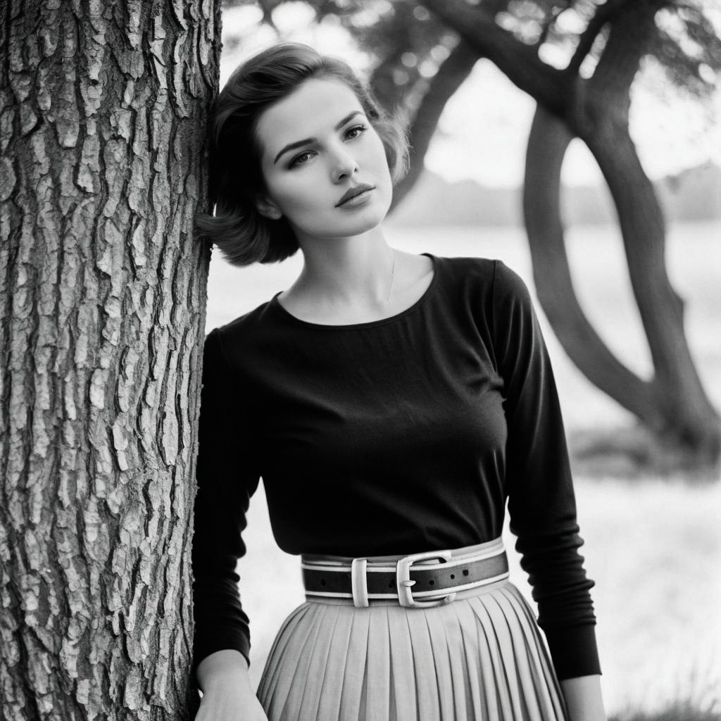 Elegant young woman in black and white portrait by a tree