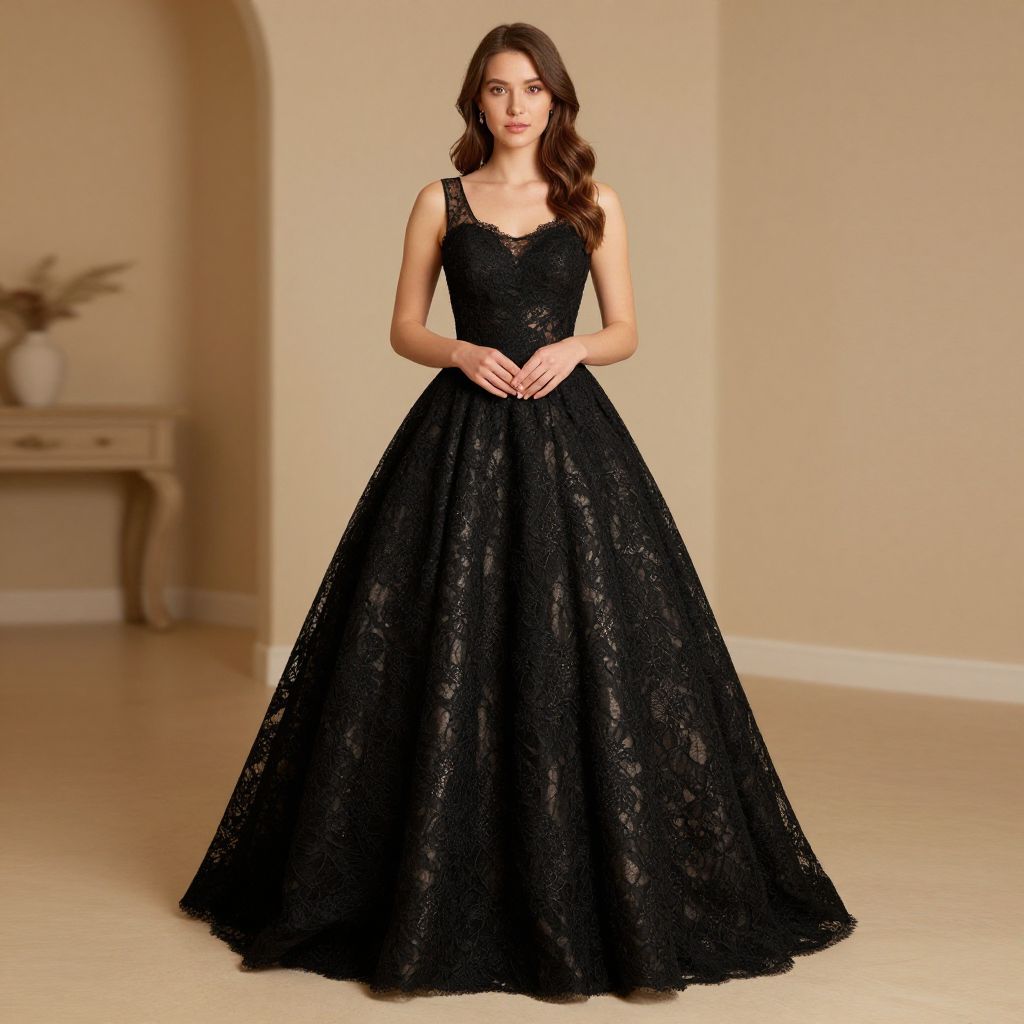 Elegant Black Lace Evening Gown on Woman in Minimalist Setting