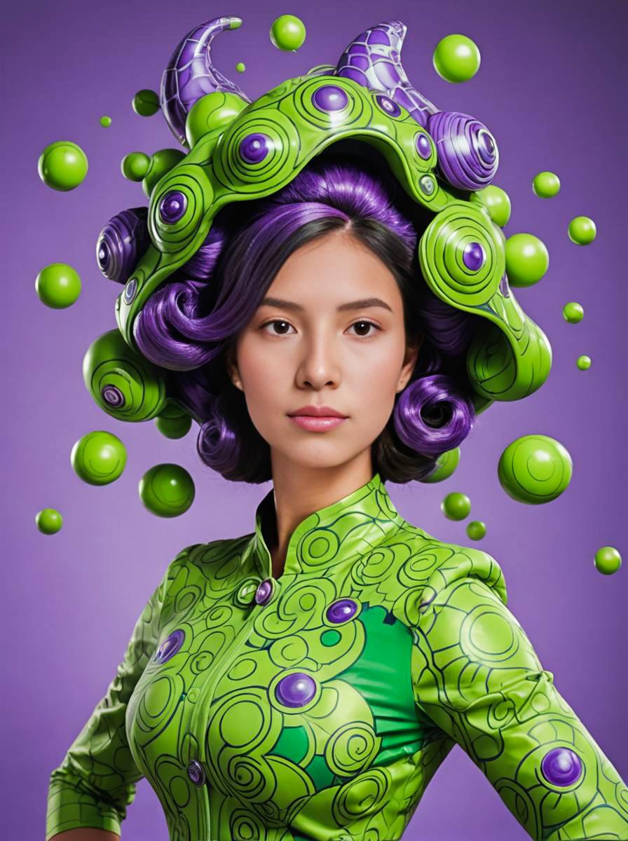 Woman in Vibrant Green Doop Costume with Whimsical Hair