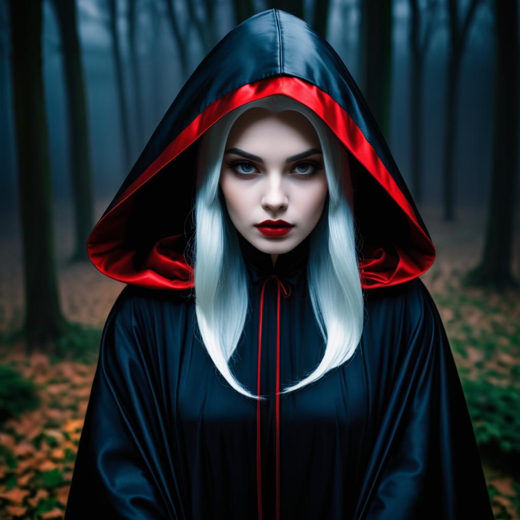 Mysterious Woman in Dark Cloak with Red Trim in Foggy Forest