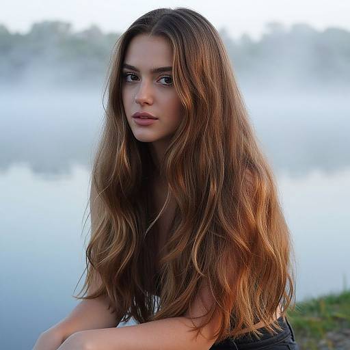 Portrait of Young Woman with Long Auburn Hair by Misty Lakeside
