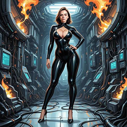 Futuristic Woman in Black Latex Bodysuit in Sci-Fi Corridor