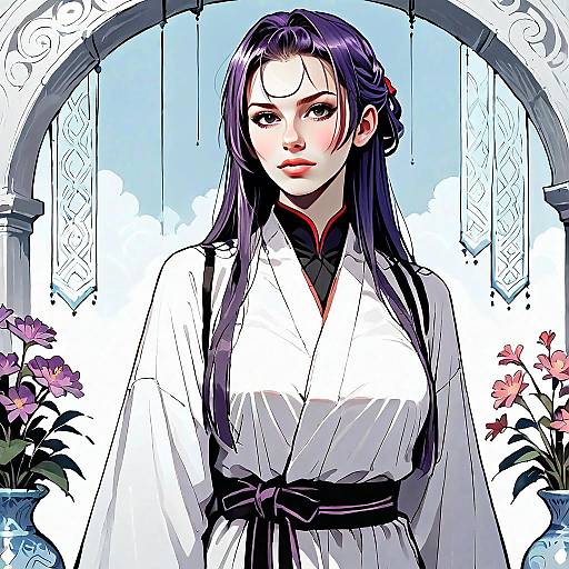 Anime Style Elegant Woman in Traditional Attire with Floral Archway