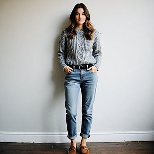 Casual Woman in Grey Cable-Knit Sweater and Blue Jeans Standing Indoors