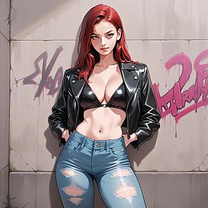 Red-Haired Woman in Leather Jacket and Ripped Jeans Urban Street Style