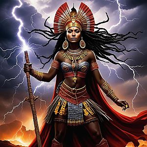 Powerful Woman in Tribal Armor with Lightning