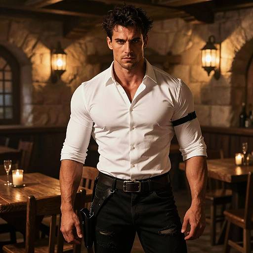 Confident Man in White Shirt and Black Jeans in Rustic Tavern