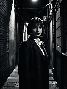 Black and White Portrait of Woman in Alleyway with Film Noir Lighting