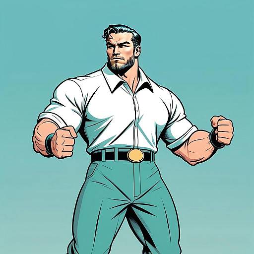 Strong Muscular Man in White Shirt Comic Style Illustration