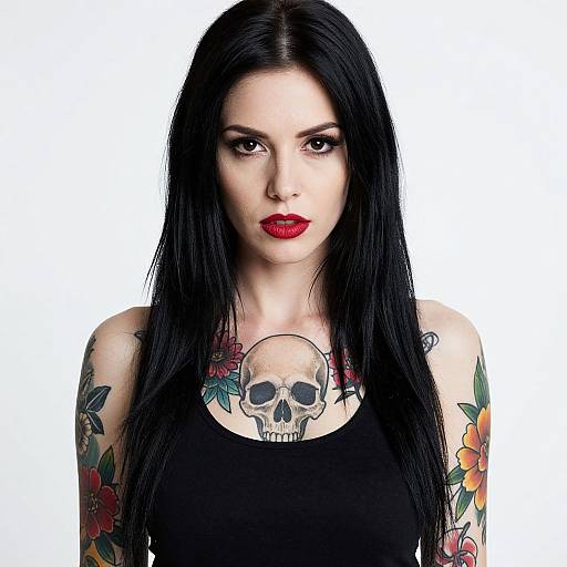 Tattooed Woman with Black Hair and Skull Chest Tattoo