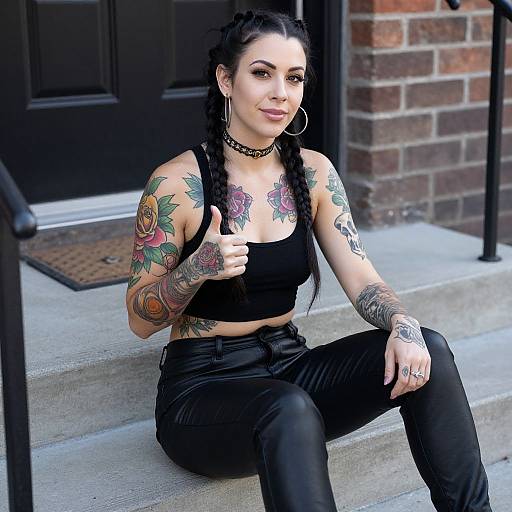 Confident Tattooed Woman in Black Crop Top and Leather Pants Sitting on Steps