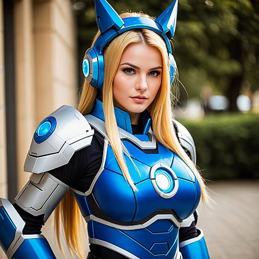 Futuristic Blue Mega Man Inspired Woman in Sci-Fi Armor Costume