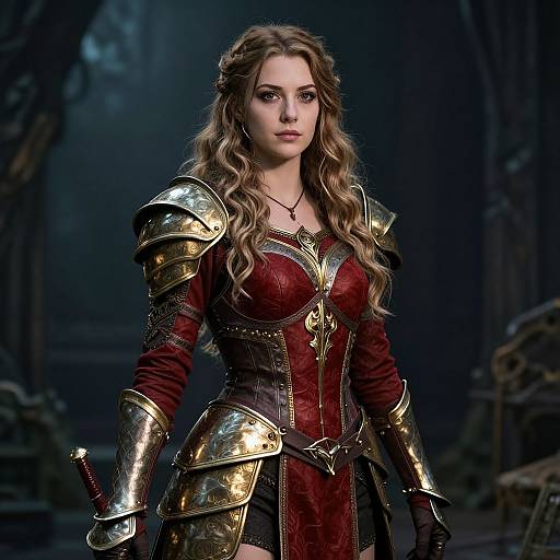 Medieval Fantasy Woman in Ornate Red and Gold Armor