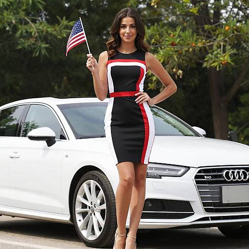 Woman in Stylish Dress Holding American Flag Next to White Audi Car
