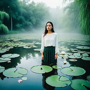 Woman in Tranquil Pond with Lotus Flowers