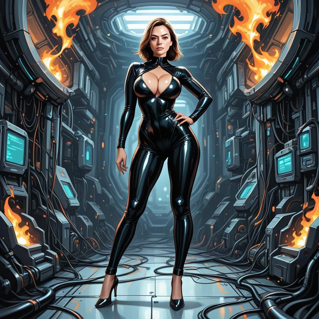 Futuristic Woman in Black Latex Bodysuit in Sci-Fi Corridor