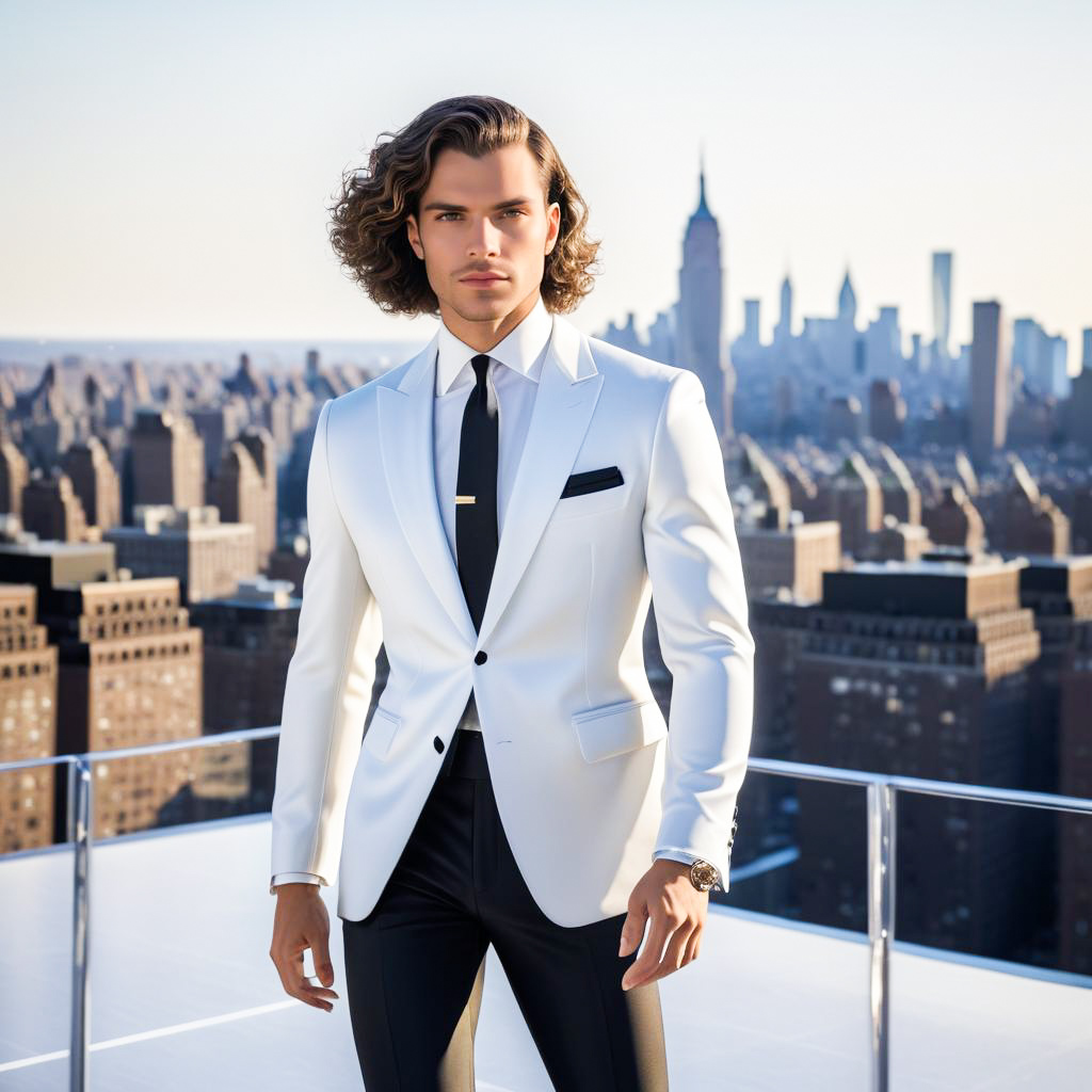 Stylish Man in White Suit on Rooftop with City Skyline