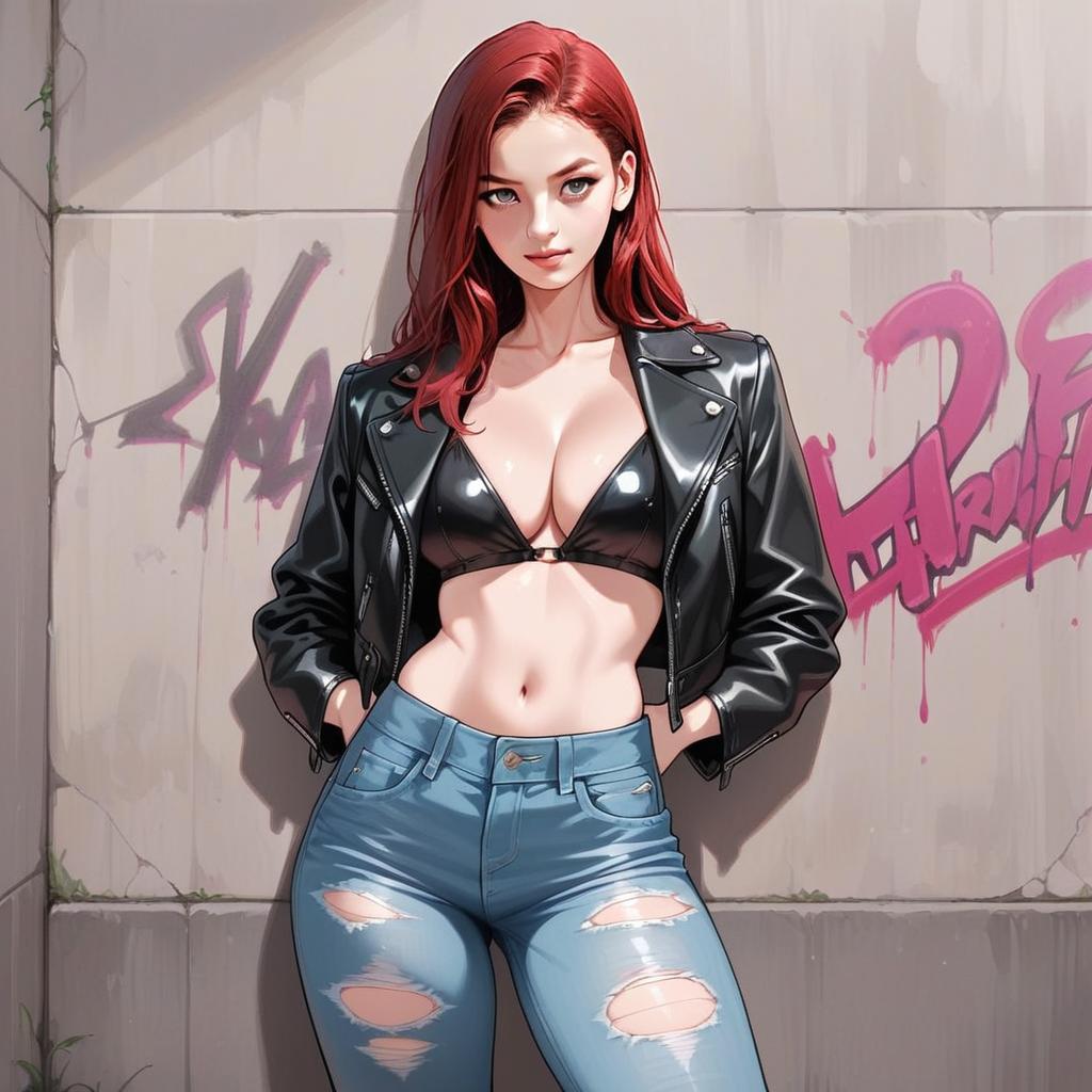 Red-Haired Woman in Leather Jacket and Ripped Jeans Urban Street Style