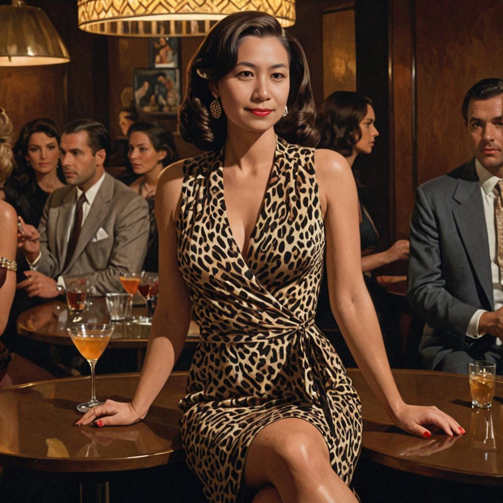 Sophisticated Woman in Leopard Print Dress at Vintage Bar