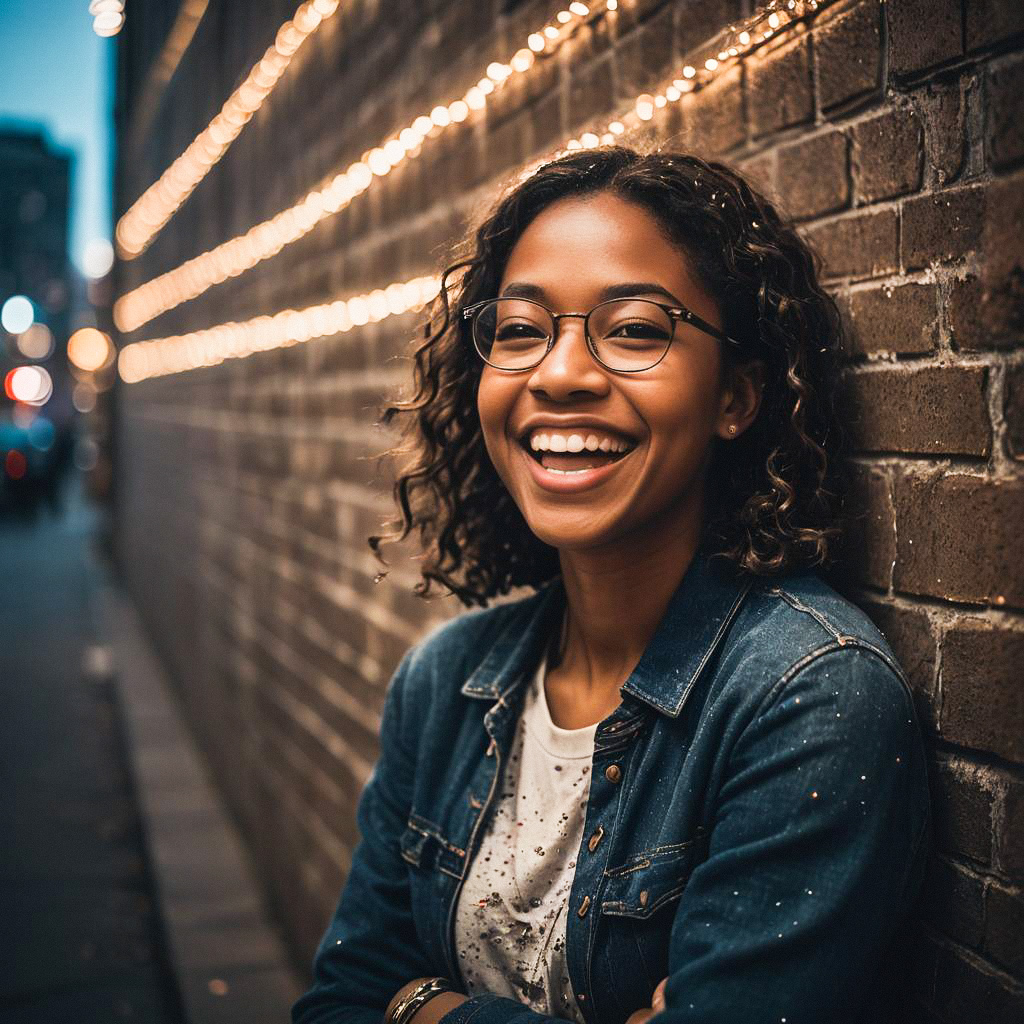 Joyful Woman with Curly Hair in Urban Setting