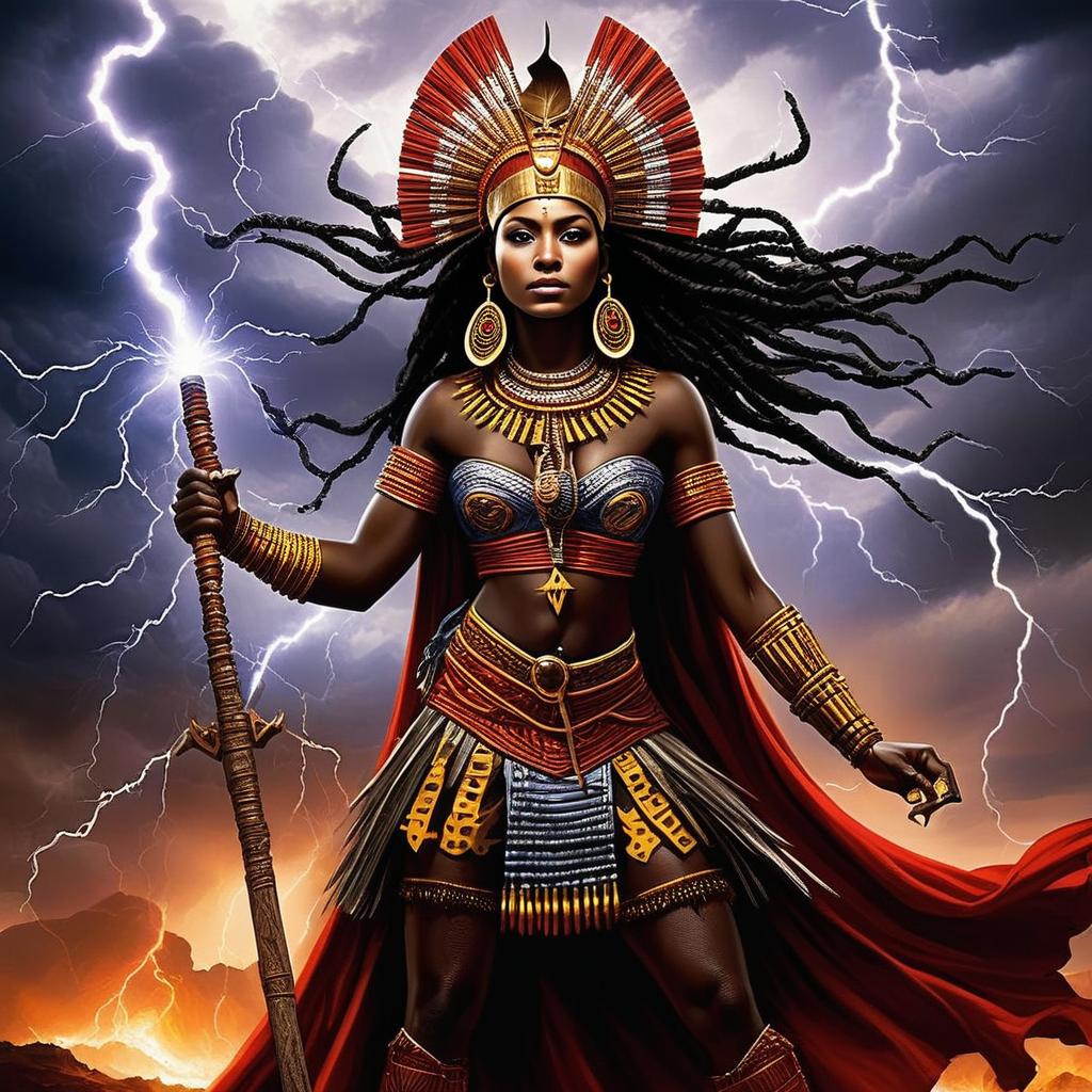 Powerful Woman in Tribal Armor with Lightning