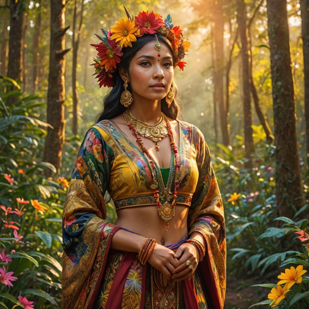 Elegant Indigenous Woman in Colorful Garments in Vibrant Forest