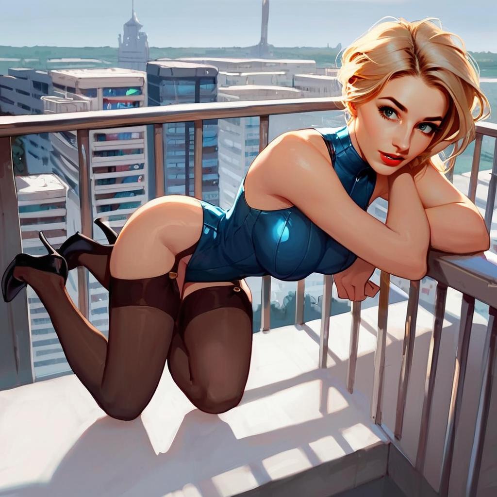 Sexy Blonde Woman in Blue Outfit on City Balcony Digital Anime Art