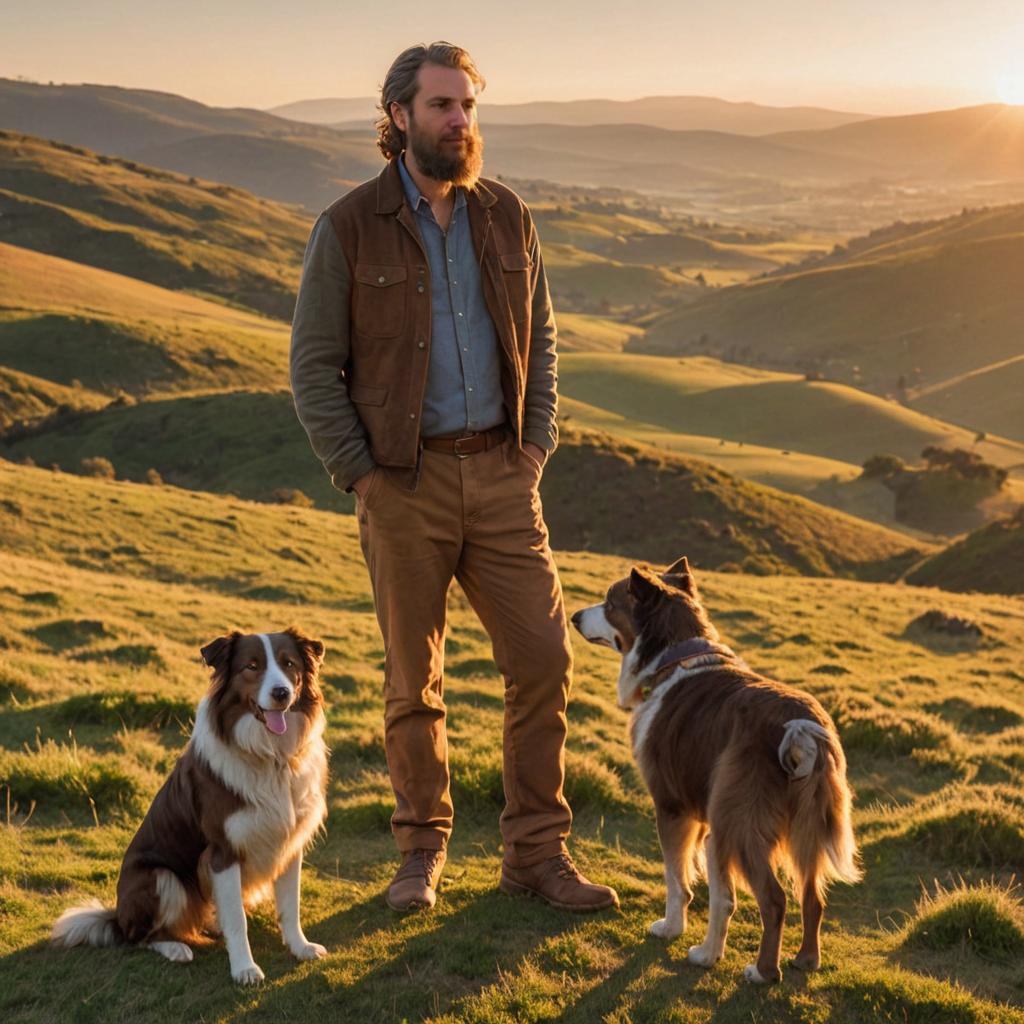 Man with Two Border Collies at Sunset